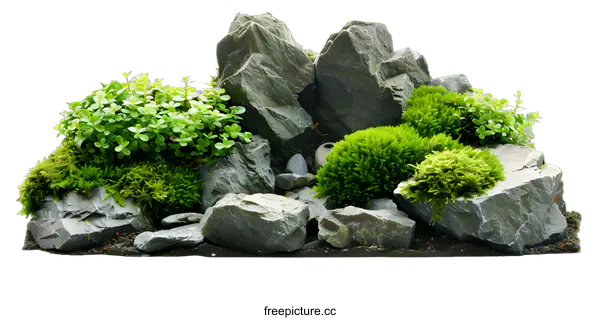 [Transparent Background PNG]Green Moss and Rocks On White Background