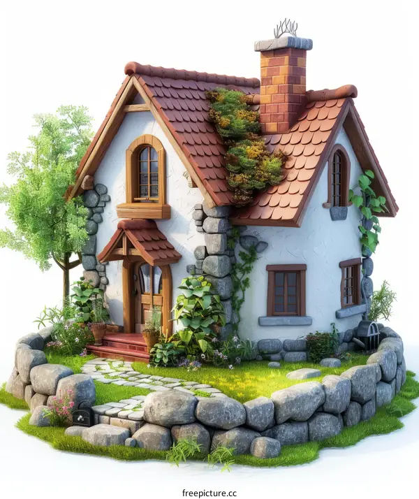 Small cottage house with stone walls and a red roof