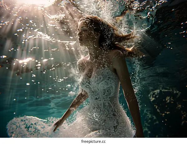 Underwater photoshoot of a woman in a wedding dress