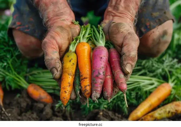 A farmer holding a handful of colorful carrots