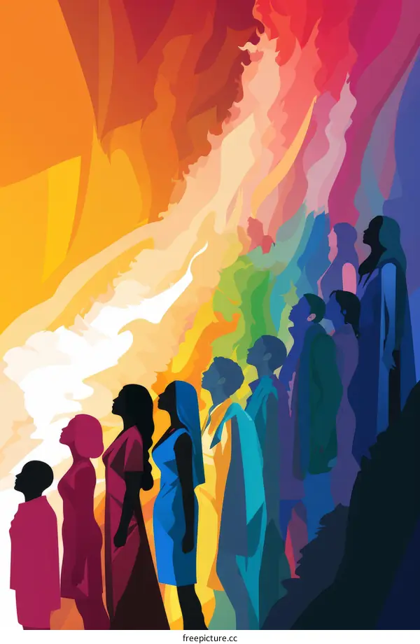 Illustration of a group of people of different ethnicities standing together in front of a rainbow background