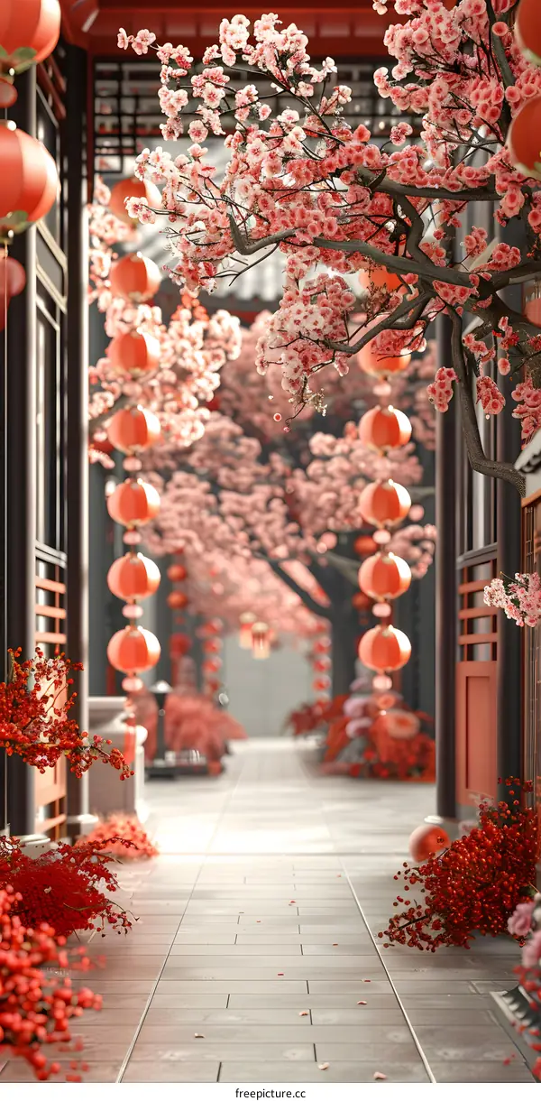 Chinese courtyard with red lanterns and pink peach blossom trees