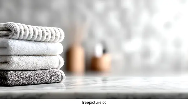 Stack of Soft White and Grey Towels on Marble Tabletop