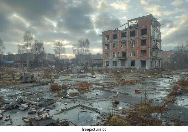 Ruins of an abandoned brick apartment building
