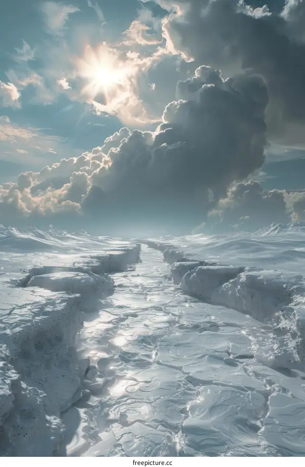 Panoramic View of a Glacier Surface with Crevasse