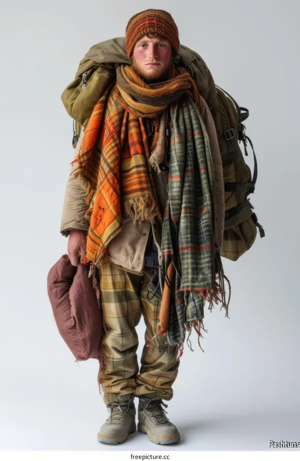 portrait of a man with a lot of scarves and bags