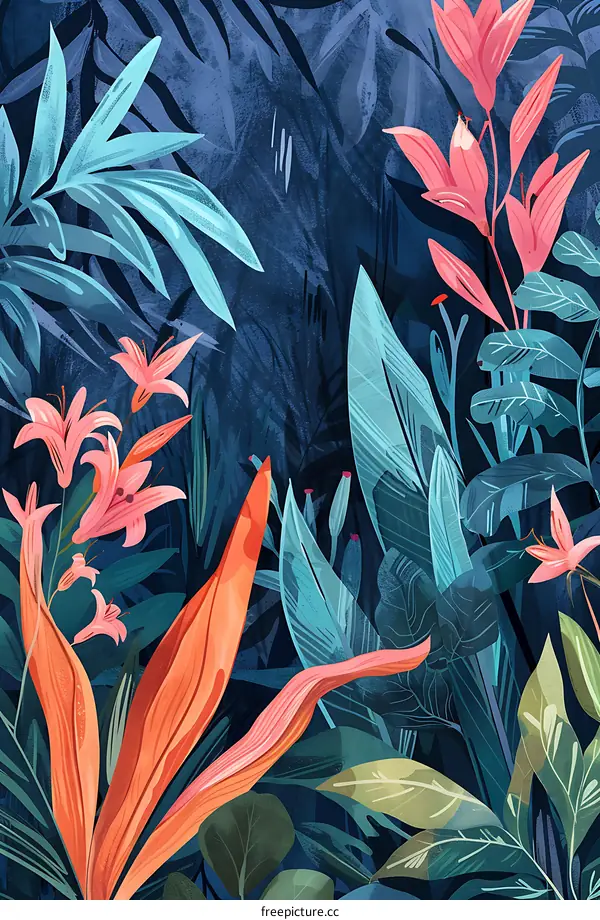 Abstract Jungle Illustration with Blue and Pink Flowers