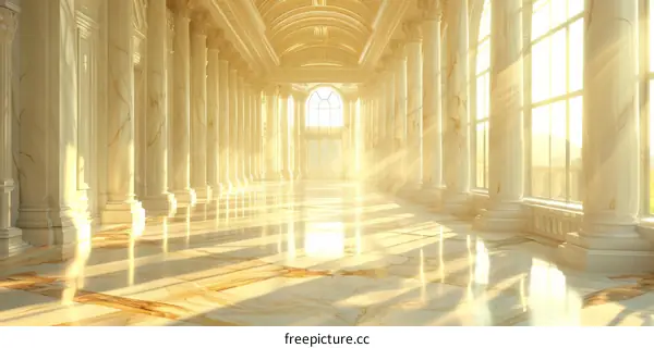 Grand Majestic Columns and Sunlight Hallway