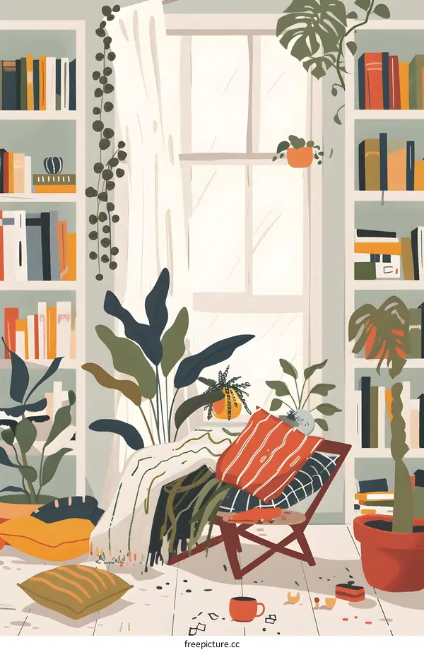 Cozy Living Room Illustration with Plants and Books
