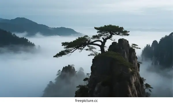 Mist Wreathed Pine Tree Standing on Steep Rocky Mountain Peak