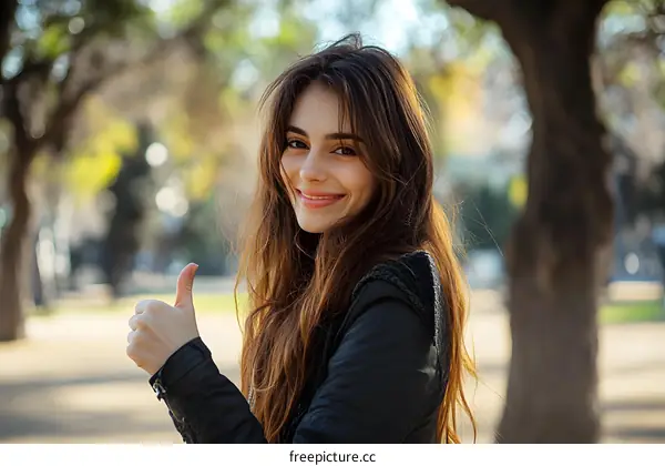 Smiling Woman Giving Thumbs Up in Park
