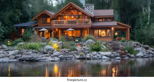 Modern Log Cabin with Stone Steps Leading to Water