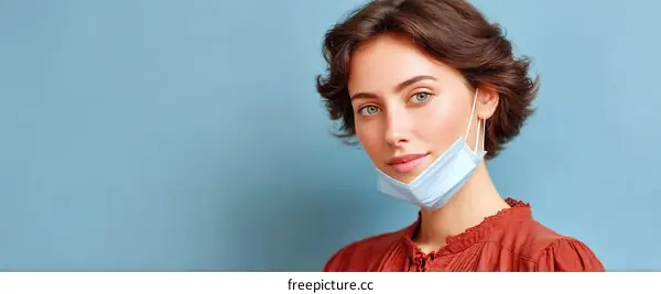 Woman Wearing Face Mask Portrait Against Light Blue Background