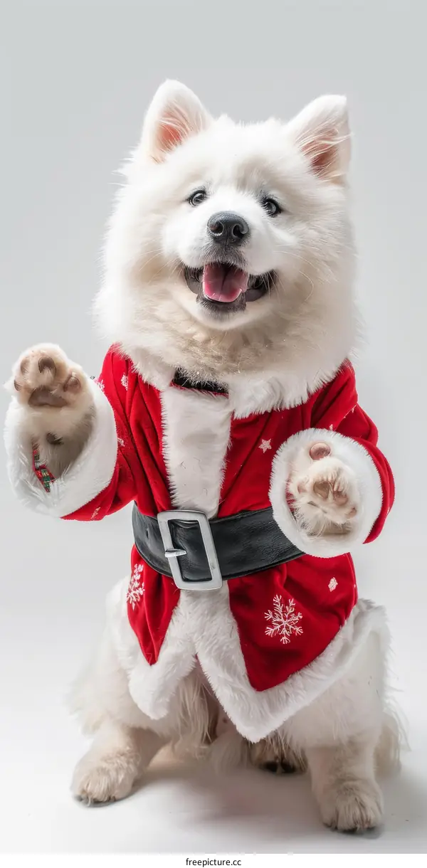 White Dog in Santa Costume on White Background