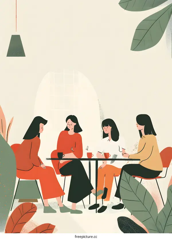 Four Friends Drinking Coffee Together In A Cafe