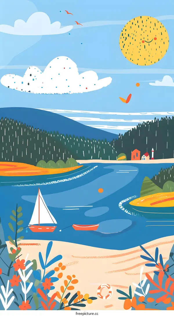 Summer Landscape Illustration with Blue Water, Sailboat, and Red Flowers
