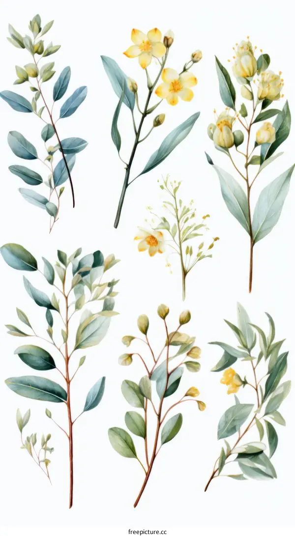 Set of watercolor hand drawn floral elements