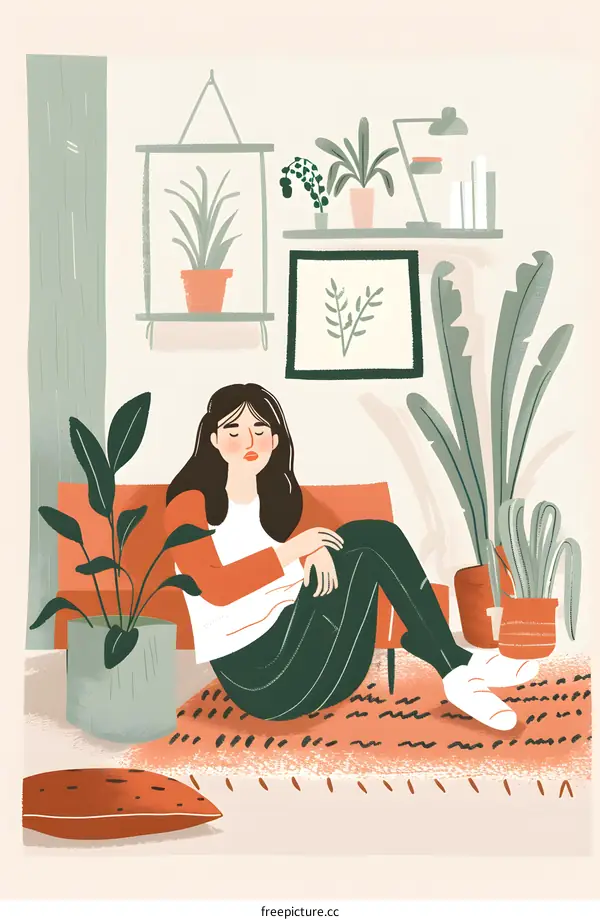 Woman Sitting On Couch with Plants in Living Room