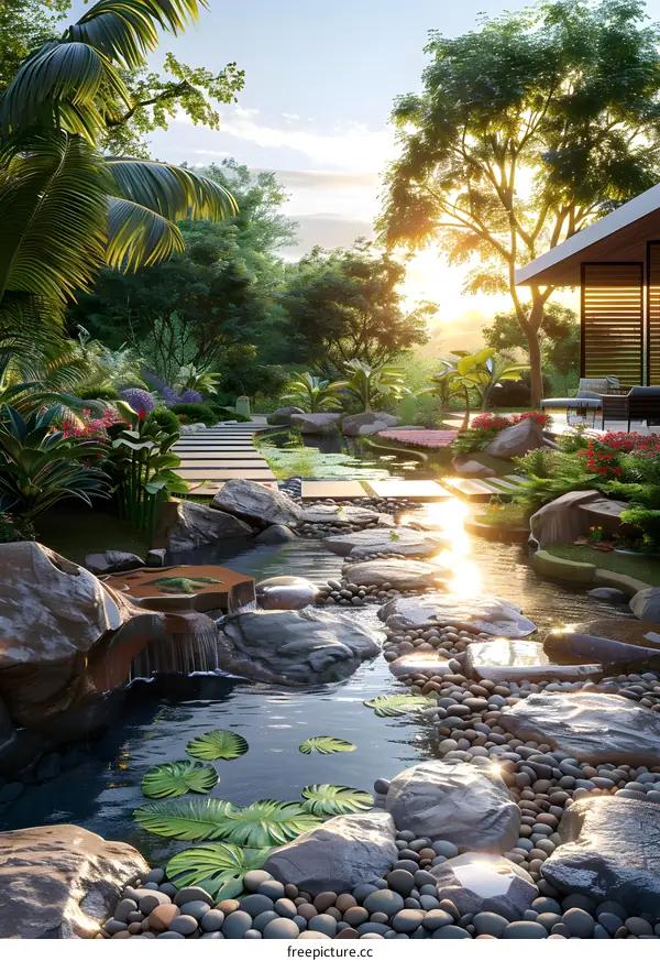 Pebble path through a tropical garden with a lily pond
