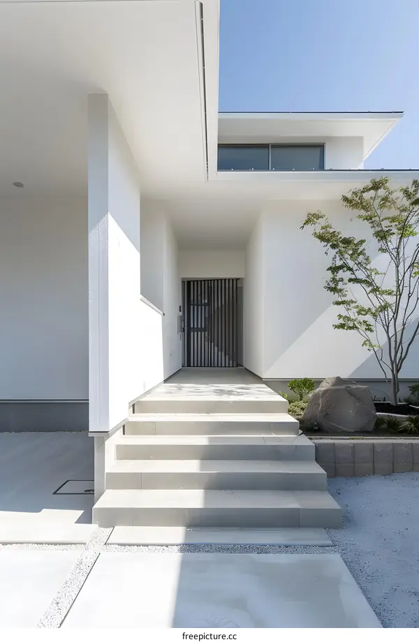 Modern Minimalist White House Entrance with Concrete Steps