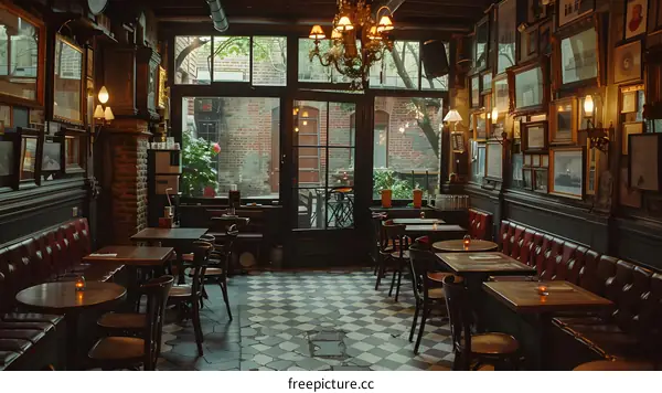 An empty restaurant with vintage decorations