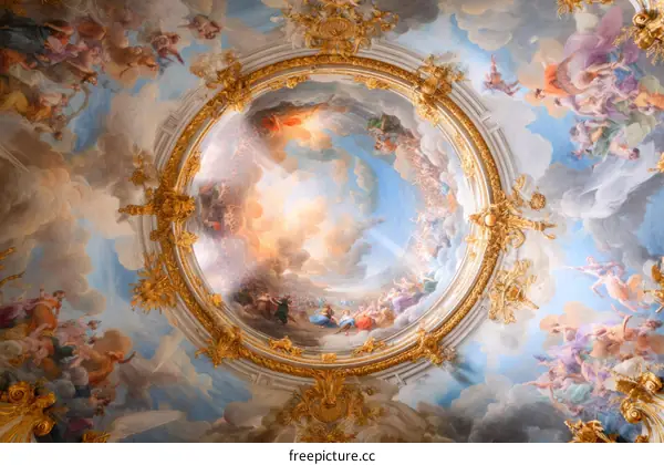 Grand Ceiling Painting of Heavenly Figures in a Palace