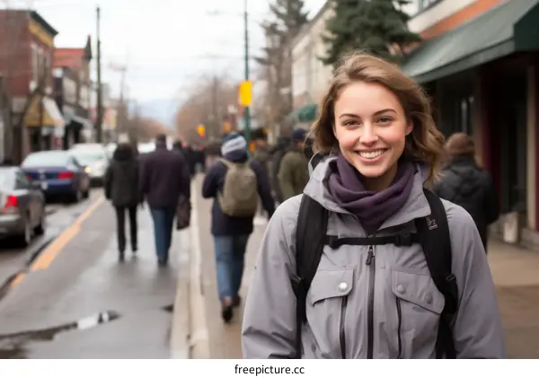 portrait of a young woman smiling in the street