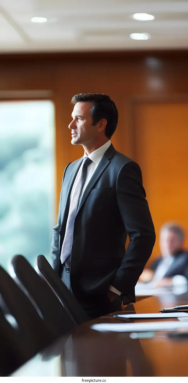 Businessman Standing in Conference Room Looking Out Window