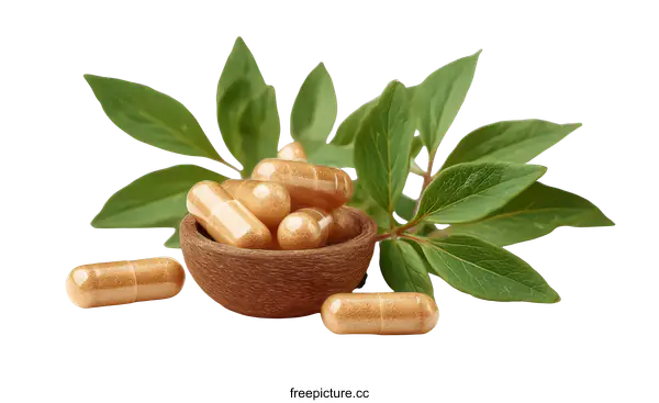 [Transparent Background PNG]Herbal Supplements in Wooden Bowl