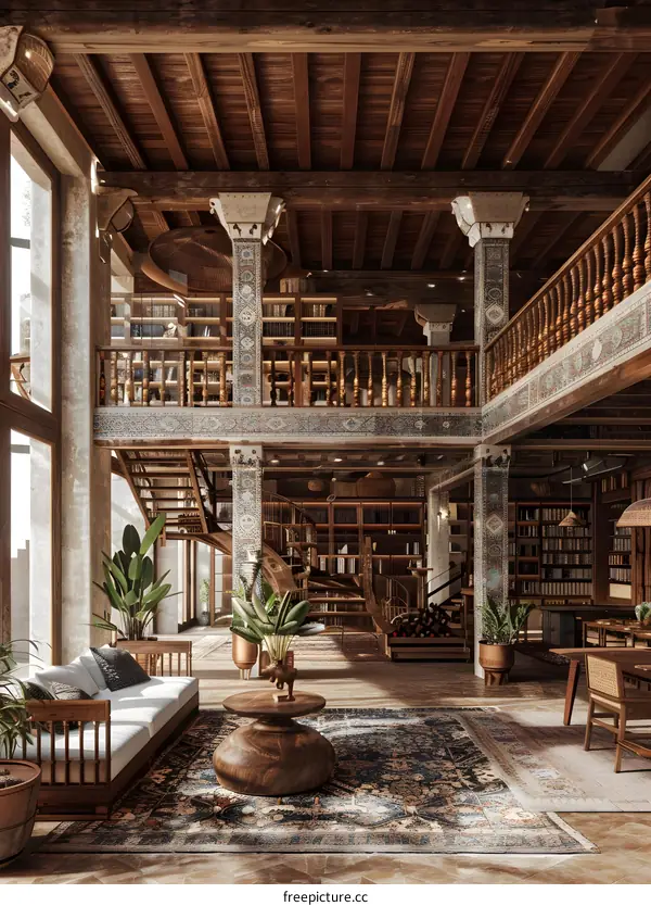 The interior of a traditional house with wooden beams and columns, and a library with bookshelves and a reading area