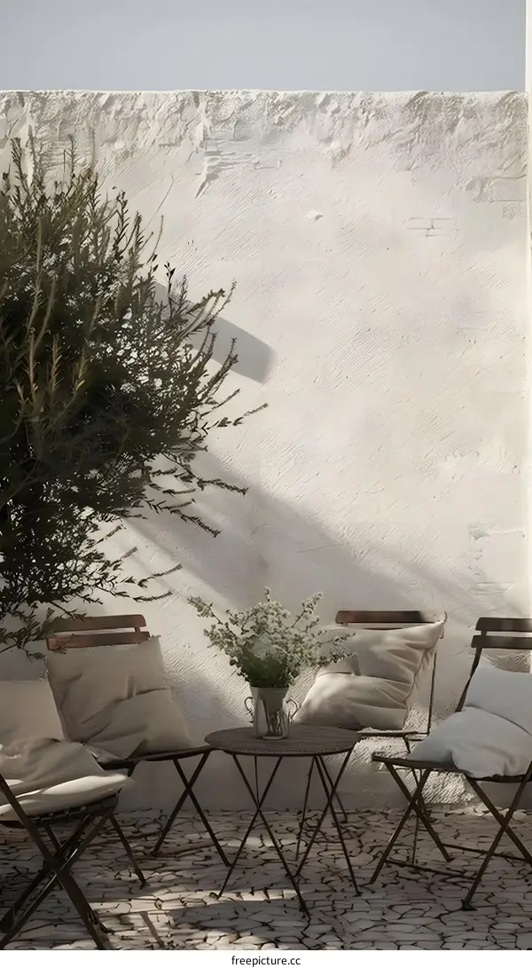 Minimalist Patio Furniture with White Wall and Greenery