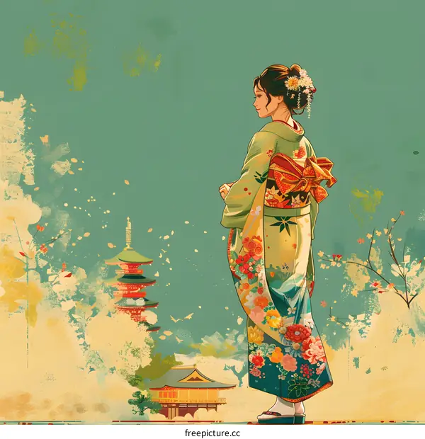 Japanese Woman in Kimono with Pagoda and Cherry Blossoms in Background