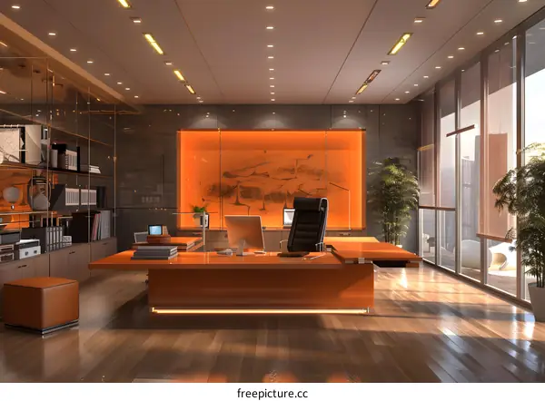 Modern office interior design with large windows and a city view