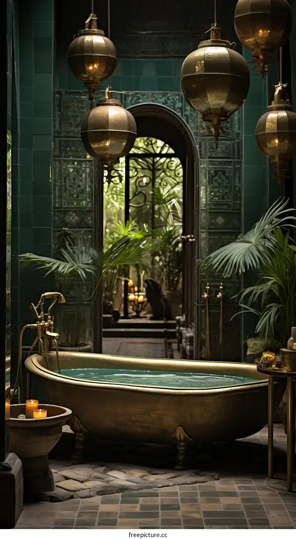 A luxurious bathroom with a copper bathtub, green tiles, and lush plants