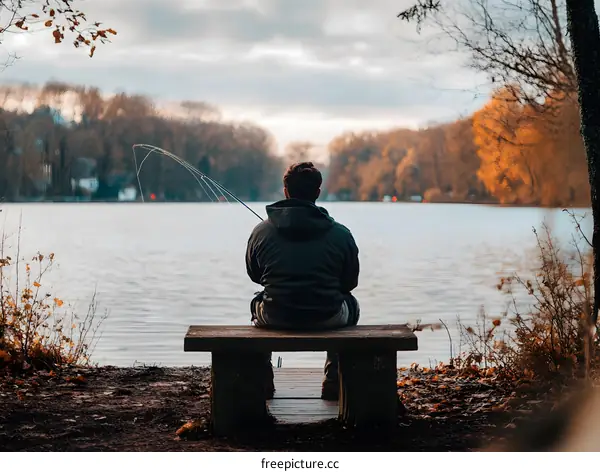 Man Fishing on Bench by a Lake
