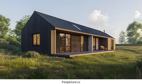 Modern Black House with Large Windows and Deck in Field