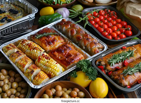 Gourmet Food Platter with Roasted Vegetables and Corn on the Cob
