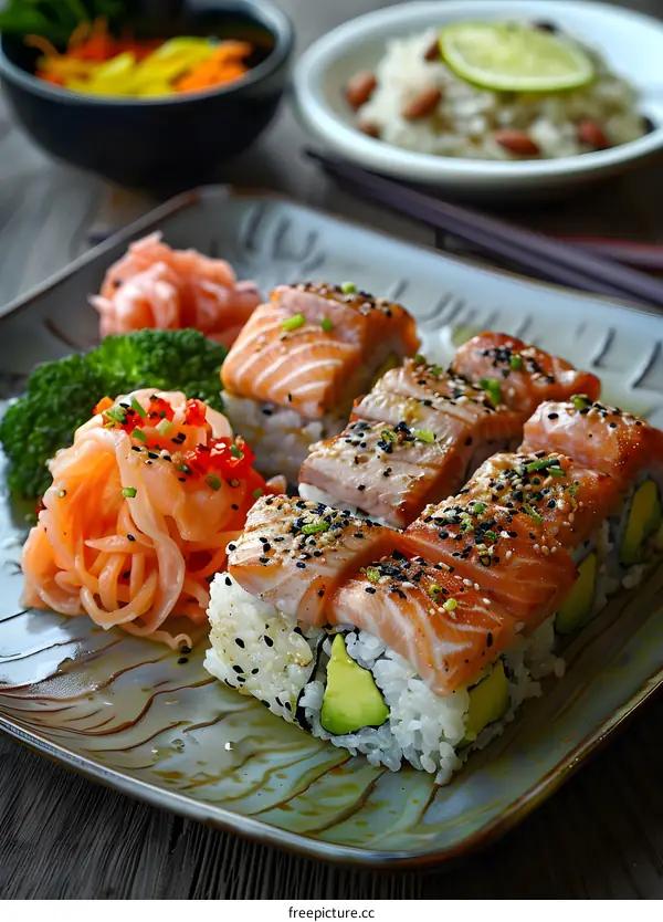 Plate of Salmon Sushi Rolls with Avocado and Sesame Seeds