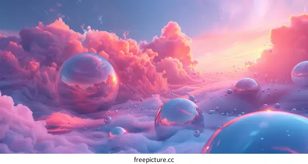 Ethereal Pink Clouds with Iridescent Bubbles