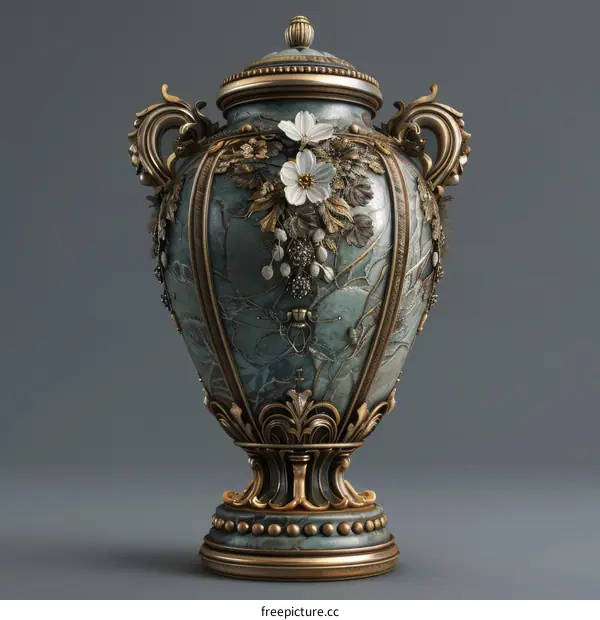 ornate vase with flowers and leaves
