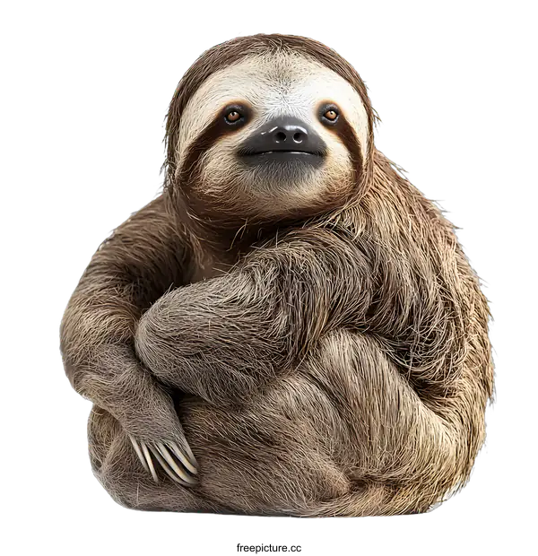 [Transparent Background PNG]Close Up of a Cute Sloth Sitting on a White Background