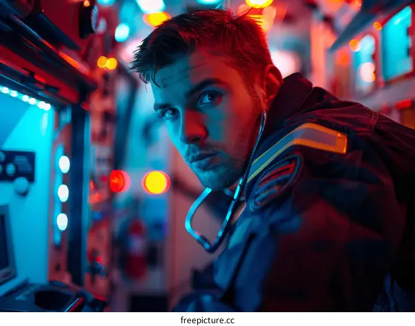 Portrait of a firefighter in protective gear looking at the camera with a serious expression