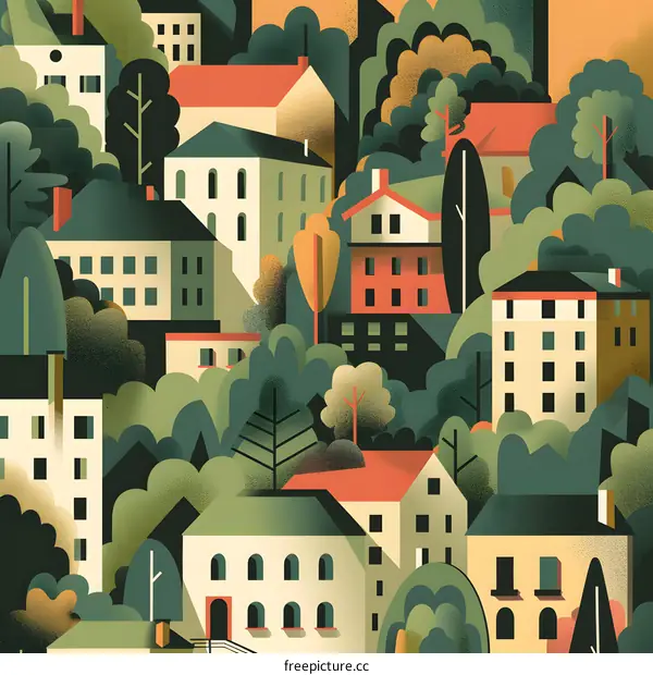 Abstract Cityscape with Buildings and Trees Illustration