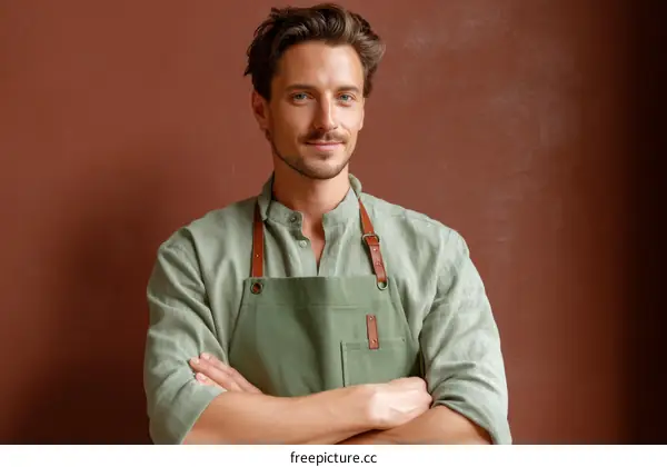 Confident Caucasian Male Wearing a Green Apron