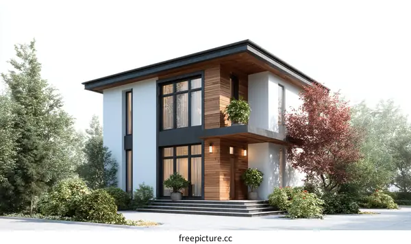 Modern Two-Story House Exterior Design Illustration