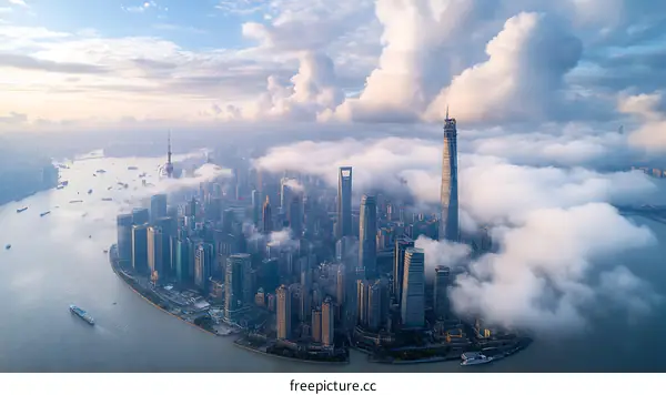 Shanghai Skyline with Foggy Clouds