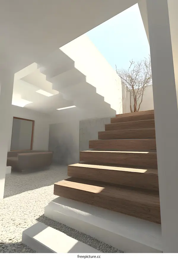 Minimalist Modern Interior Design With Wooden Stairs And Skylight