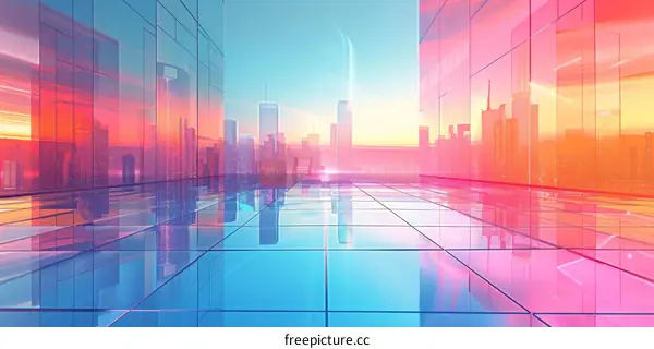 futuristic city with skyscrapers made of glass reflecting the sky