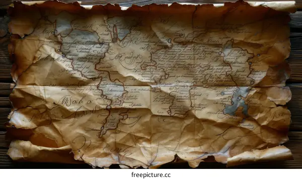 A creased old treasure map on a wooden table