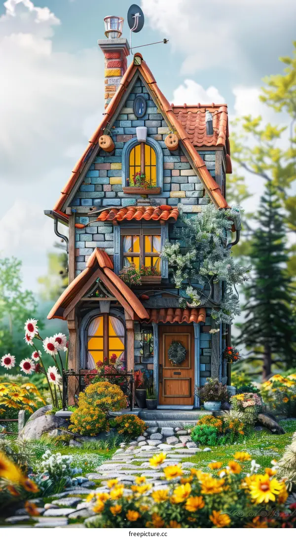 Small brick house with flowers and a garden